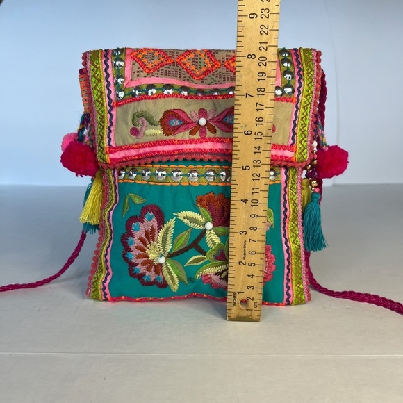 Curations Embroidered Embellished Crossbody Boho Tassel Pom Pom Bag Made India - Picture 4 of 10